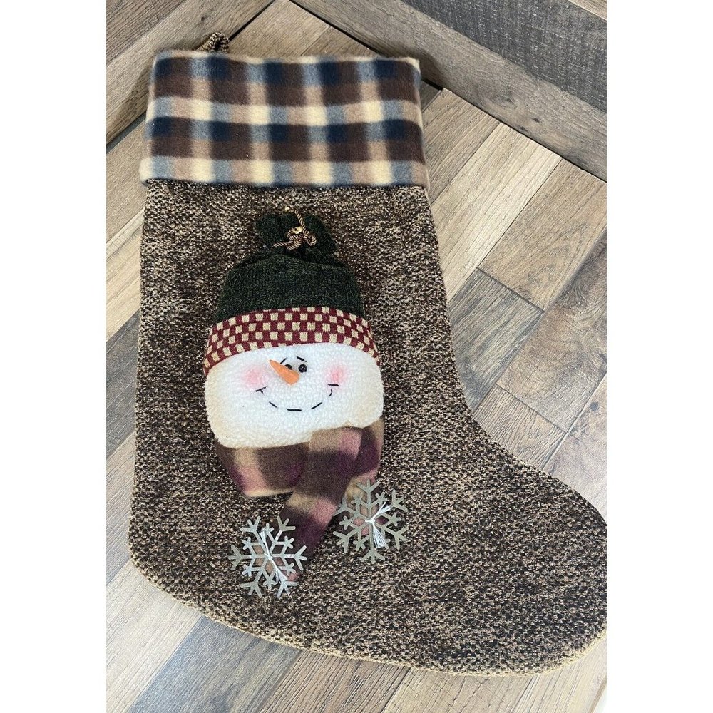 Snowman Christmas Stocking Brown Green Plaid Men Boys Metal Snowflakes 19.5"